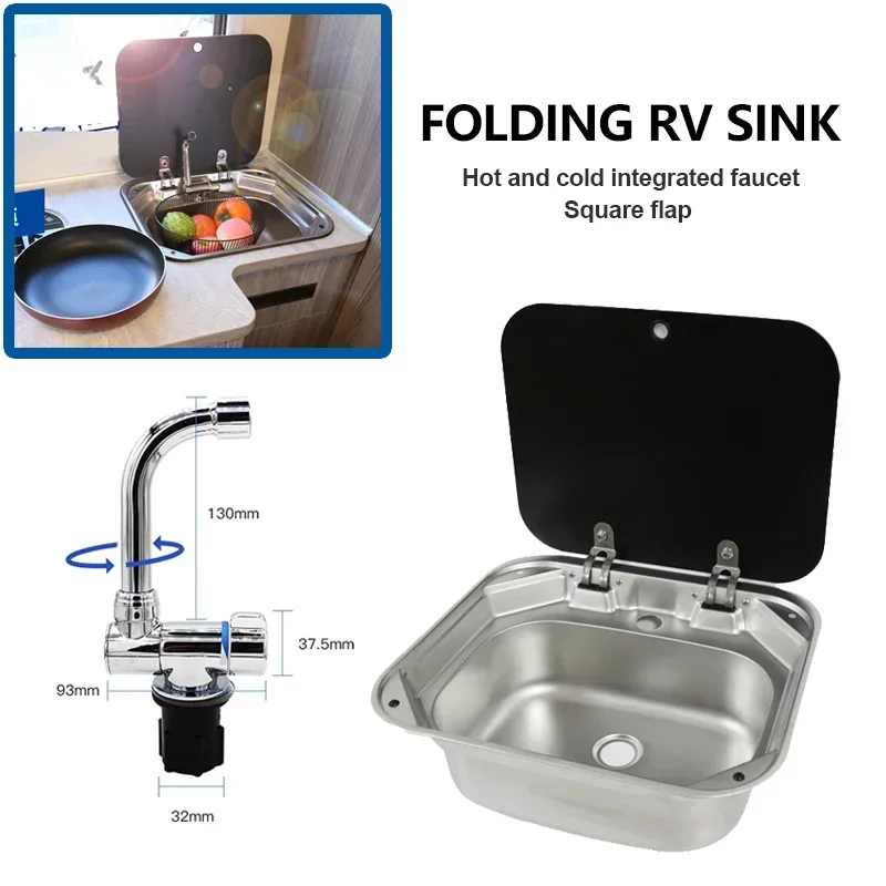 RV Stainless Steel Wash Basin Sink with Cold Hot Folded Faucet Tempered Glass Lid for Camper Accessories Caravan Boat Motorhome