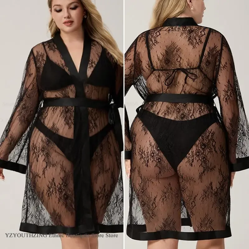 Sexy Temptation Balck Lace Lingerie Bathrobe Lady Over Size Sleepwear Summer New Nightdress Satin Home Dress Robe Suit Underwear