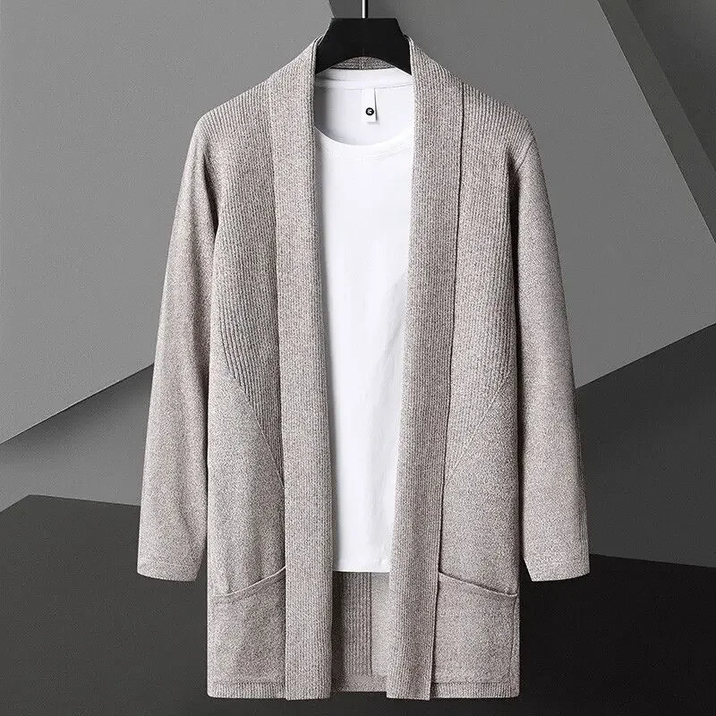 Korean and Japanese Style Men's Mid-length Slim-fit Sweater, New Style for Spring and Autumn, Pure Color Knitted Cardigan Jacket