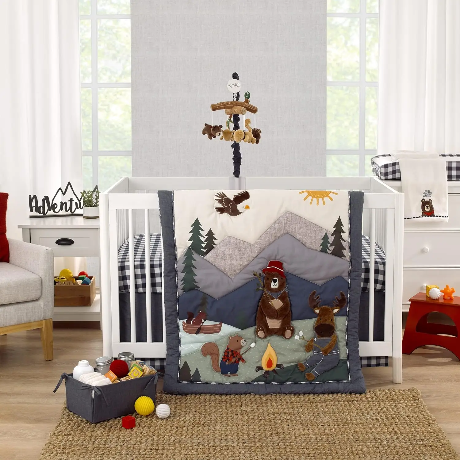 

Into The Wildern Navy, Green, And Brown, Camping Bear, Moose, Eagle, And Beaver Campfire 4 Piece Nursery Crib Bedding Set -