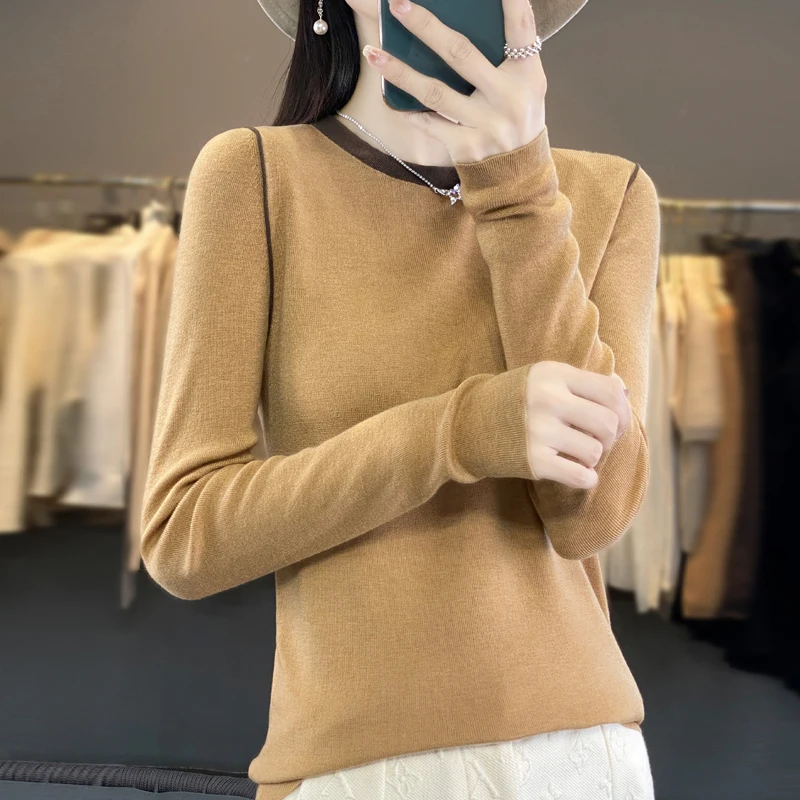 Women's Pullover Spring/Autumn New Wool Sweater Casual Splicing Knitwear Ladies' Clothes Round Neck Blouse Fit Tops