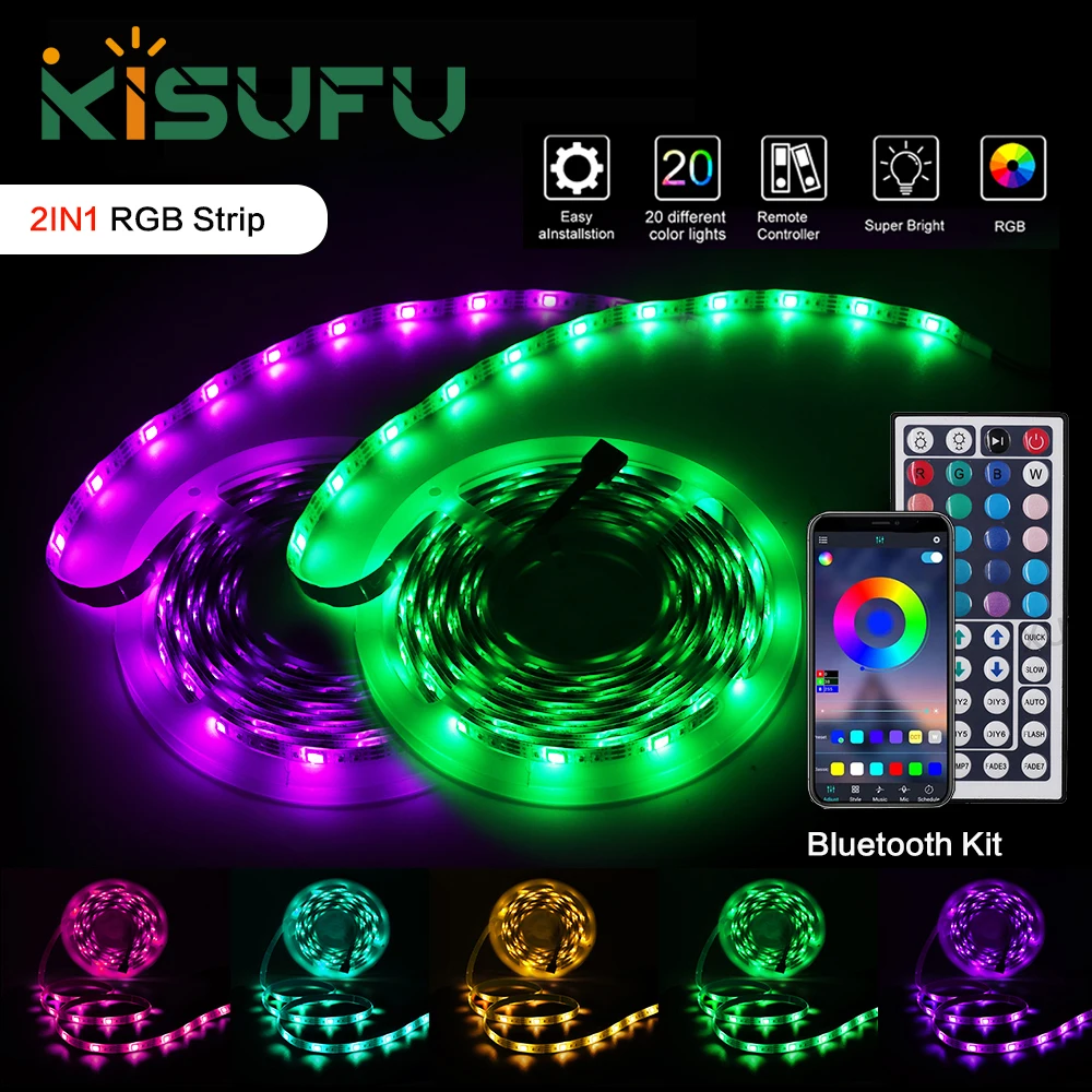 

Светодиодная лента USB Power 5050 RGB с управлением через Bluetooth-приложение и пультом на 24/44 кнопки, умные светодиодные светильники для декора комнаты, телевизора, вечеринок, подсветки, 1-10 м