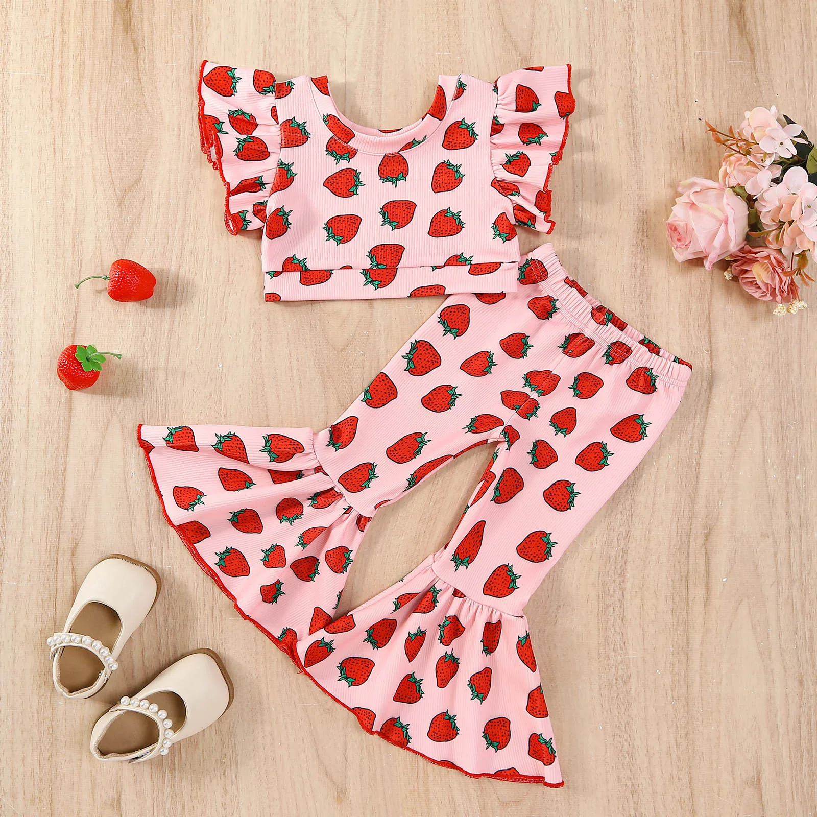 0-5T Toddler Girls Summer Sleeveless Cartoon Strawberry Prints Tops Pants 2PCS Outfits Baby Clothes Sets Long Sleeve Crop Tops