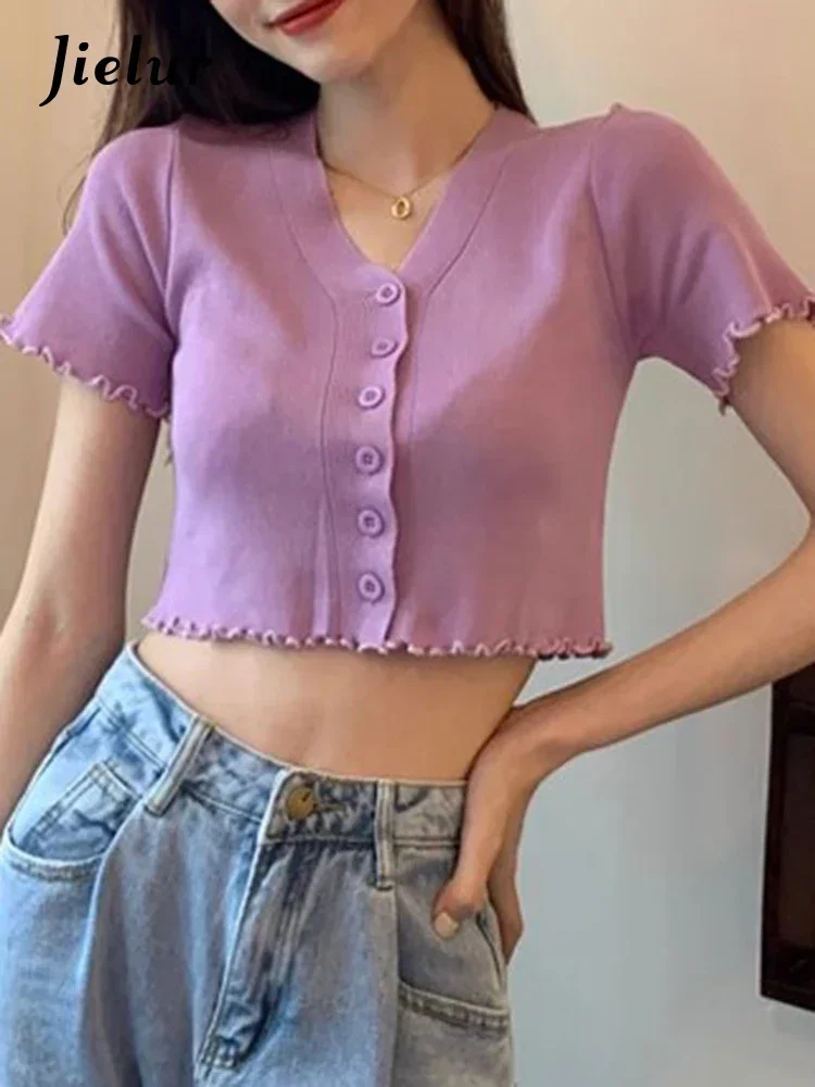 

Jielur Knitting V-Neck Pure Color Shirts Simple Short Sleeve Casual Office Lady Single Breasted Purple White Basic Female Shirt