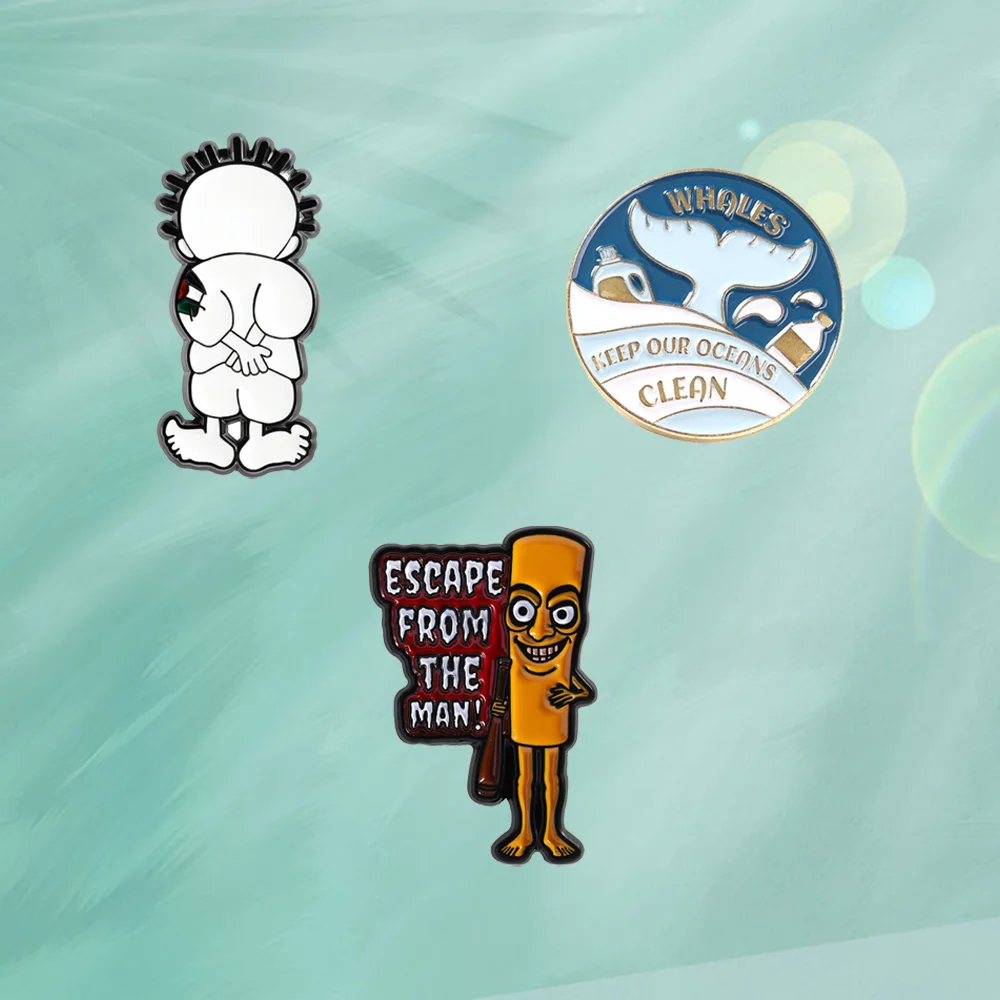 ¡Escape del hombre! Broche de Metal con Diseño de Ballena Azul, Pin de Esmalte, Insignia de Dibujos Animados para Niños, Joyería, Regalo para Amigos, Venta al por Mayor