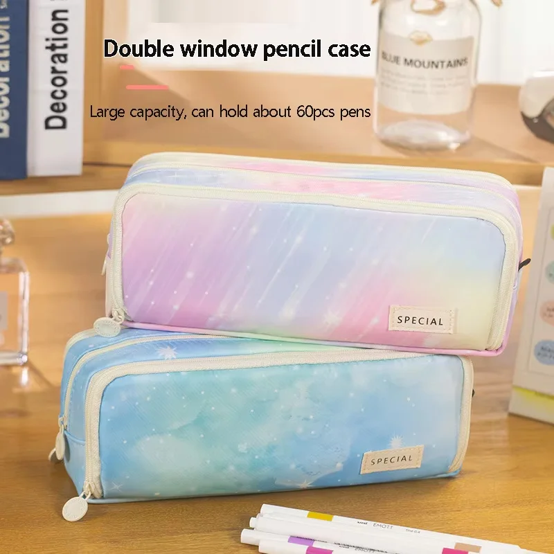 

1Pcs Fashion Girl Dream Meteor Large Capacity Pencil Case Multi Layer Pouch Pen Bag Double Side Opening Student Stationery