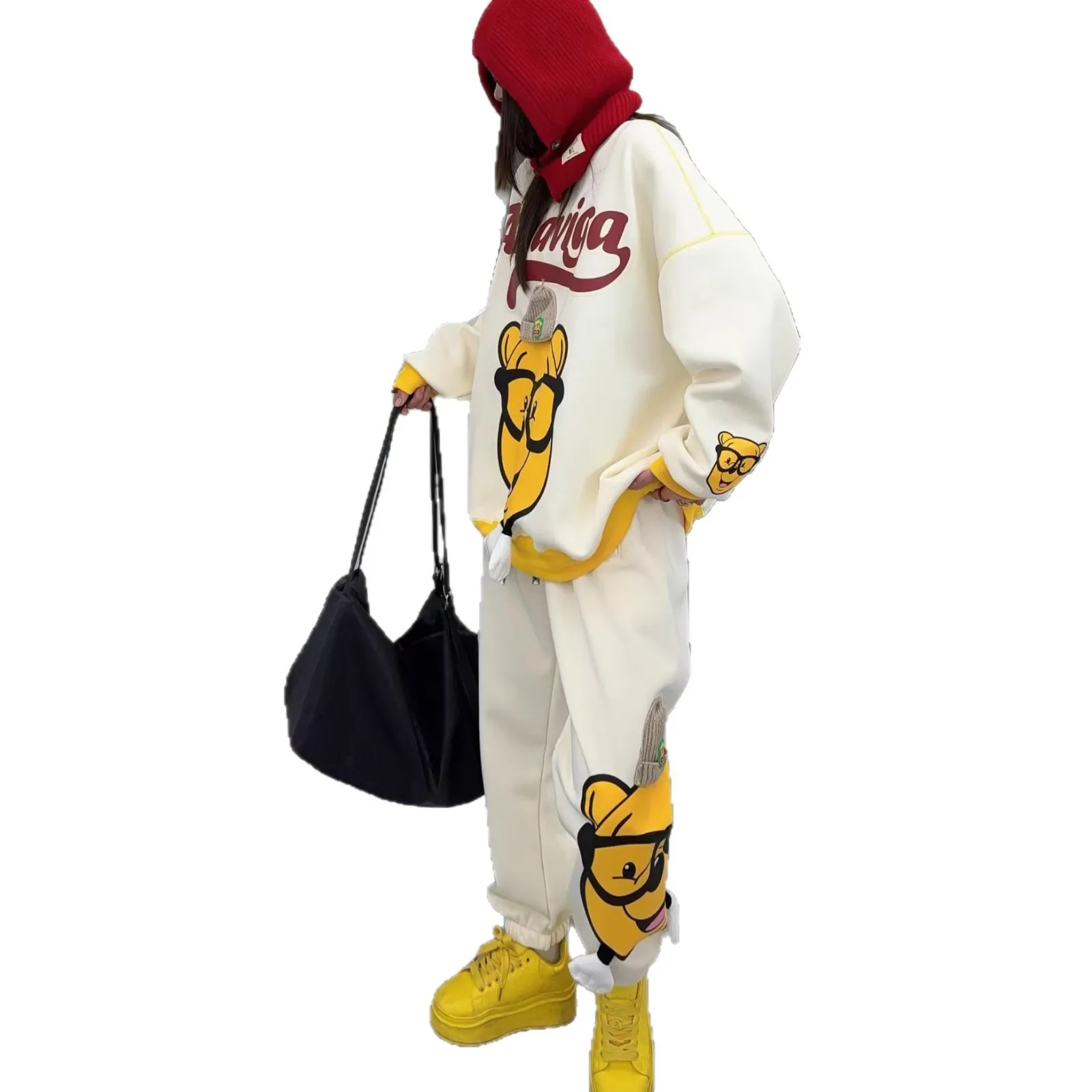 كارتون 2025 نمط أجنبي جديد موضة رياضية الإنترنت المشاهير الخريف الشتاء الصوف سترة مشد Sweatpants قطعتين مجموعة