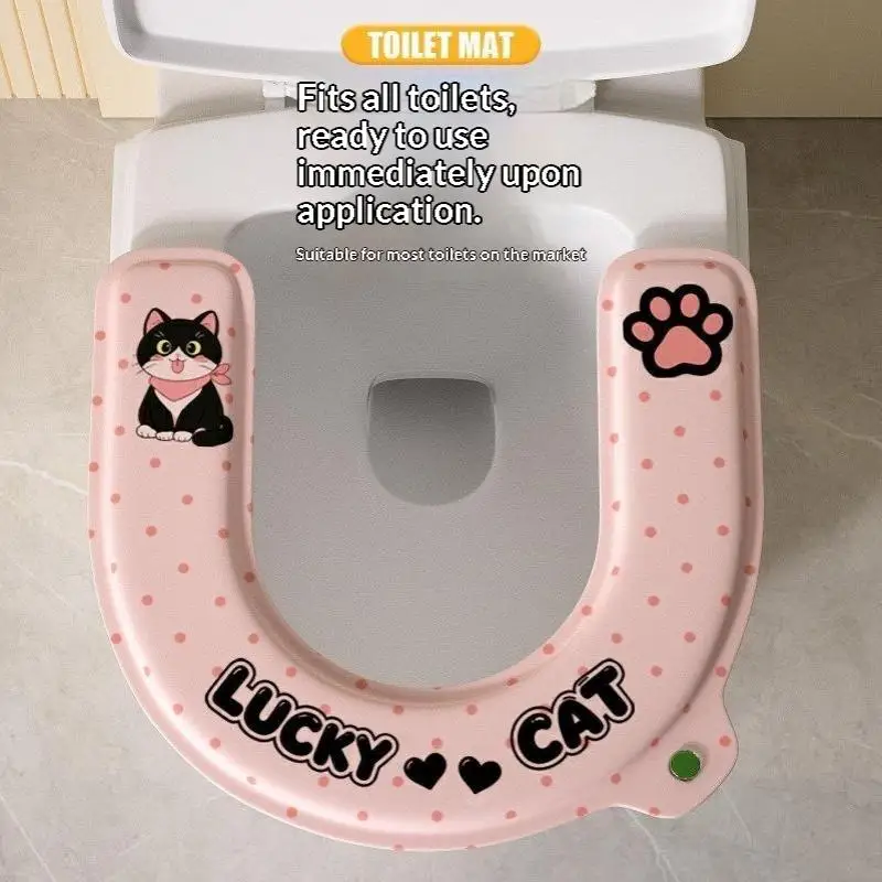 Waterproof U Shaped Toilet Seat Mat Cute Lucky Cat Print Soft Skin Friendly Warm for Bathroom Cold Season Use