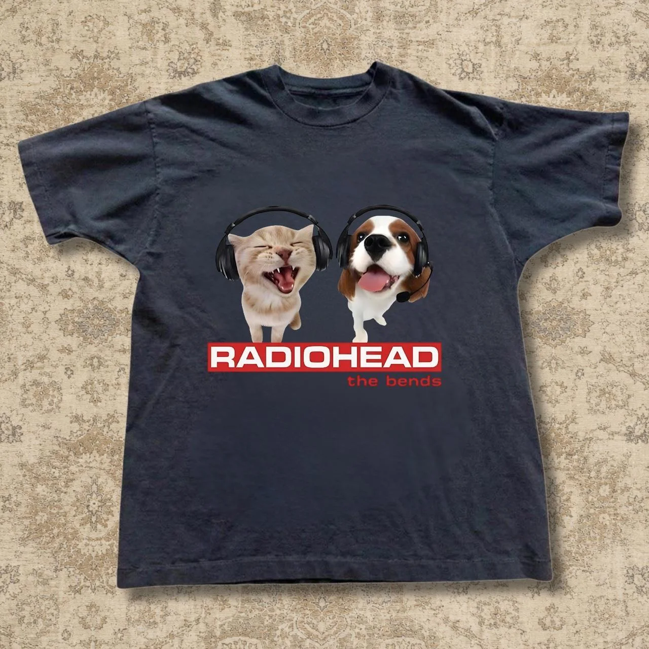 Radiohead (British rock band) Fun Radiocat The Bends Printed T-Shirt, Unisex, Retro Gothic Style, Loose Fit, Men's Emoji T-Shirt