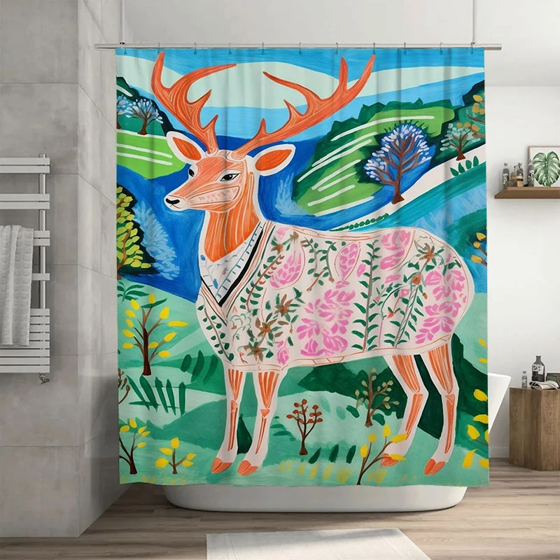 

Занавеска для душа с ярким цветочным оленем, уникальный декор для ванной комнаты для украшения дома, 72x84-дюймовый акварельный художественный принт, водонепроницаемая ткань