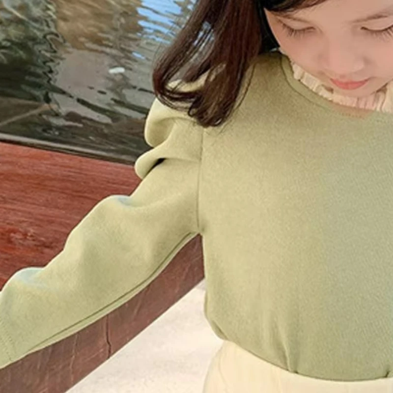 Girls Long Sleeved Base Shirt 2024 Fall Autumn New Baby Cute Sweet Girls Clothing Kids Children Bubble Sleeves Fungus Collar Top