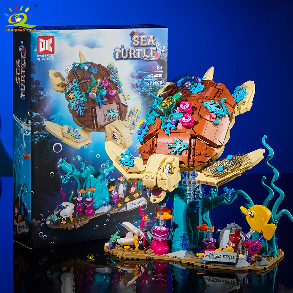 

HUIQIBAO 1271PCS MOC Sea Turtle Model Building Block FIsh Animal Series Brick Construction Toy For Children Desk Home Decoration