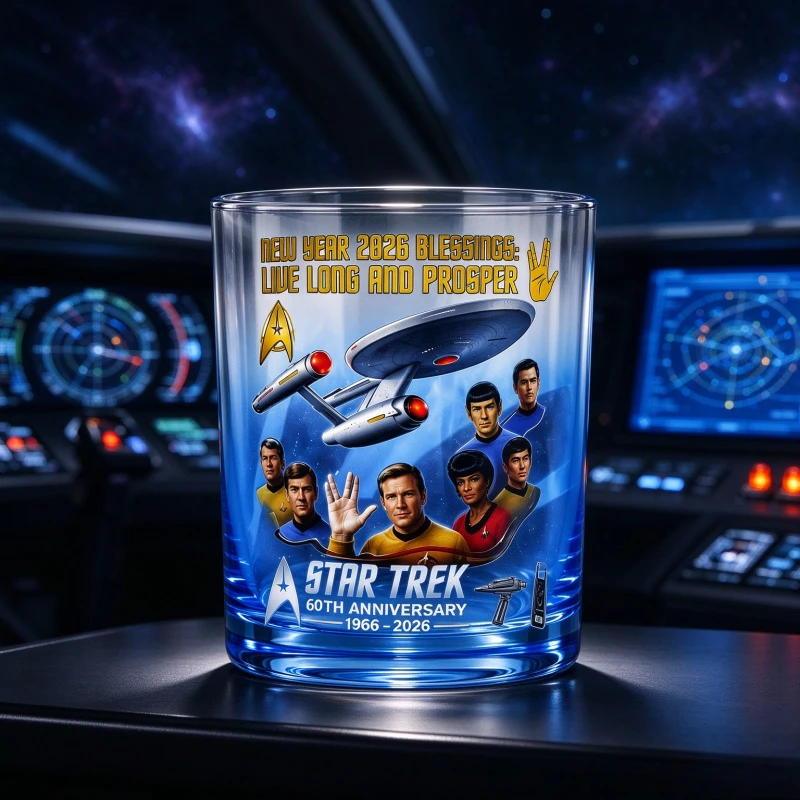 Star Trek Classic Crew & USS Enterprise Whiskey Tumbler Glass Sci-Fi Themed Drinking Cup for Bar Party Table Decoration