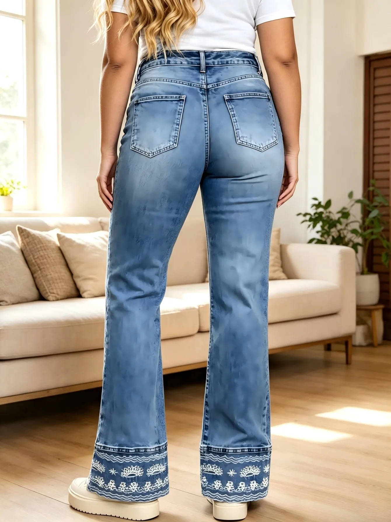 【HME】Jeans | Women Boho Embroidery Cuff Denim Pants, Mid-High Waist Flare Denim Jeans, Light Blue Vintage Wash Texture, Flare Leg Modify Calf Lines, Outstanding Leg-Lengthening Effect, Bohemian Retro Style Casual Pants