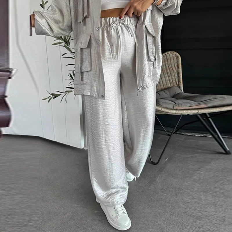 Spring Vintage Metallic Color Casual Pants Women Fashion Lace-up Elastic Waist Straight Trousers New Summer Loose Harajuku Pants