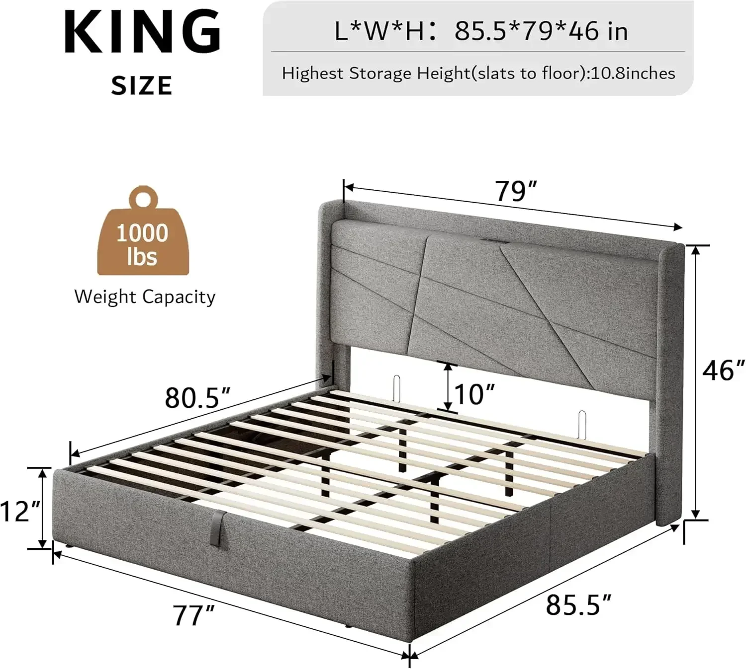 Upholstered Platform Bed Frame with Headboard, Hydraulic Storage, No Box Spring Needed, Noise-Free, Easy Assembly, Light Grey