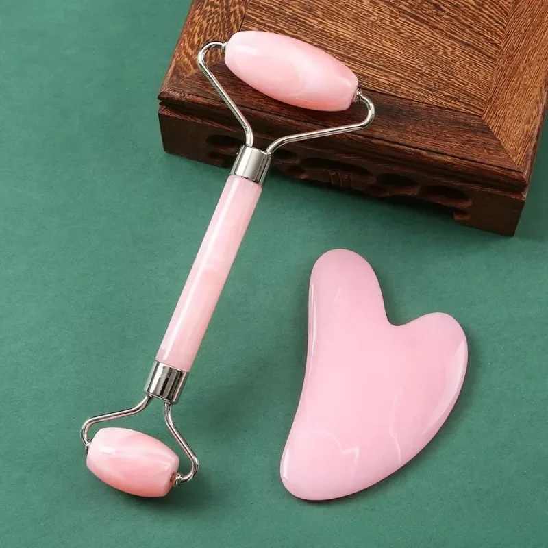 Natural Resin Jade Roller Gua Sha Scraper Set Pink Guasha Face Lift Massager Wrinkle Double Chin Remover Facial Roller 얼굴 리프팅 기기