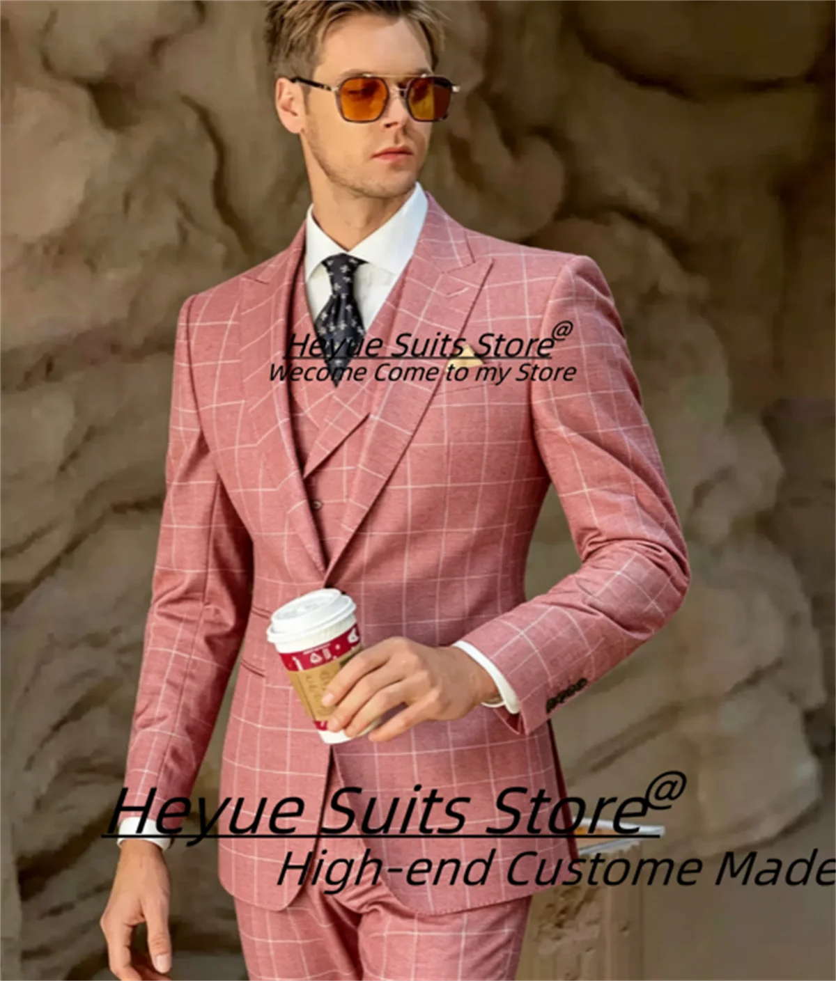 Fashion Pink Windowpane Plaid Men Suits Slim Fit Wedding Groom Tuxedos Formal Business Party Male Blazers trajes para hombre