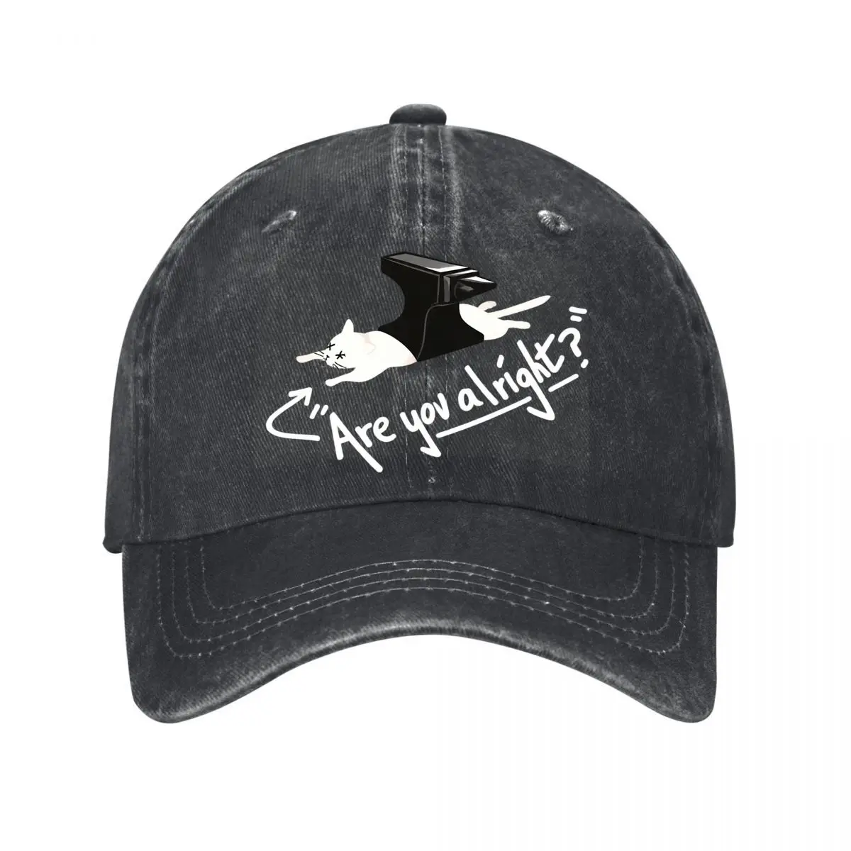 Funny White Cat Crushed By Black Anvil Graphic New Vintage Washed Cotton Baseball Cap Sun Hats