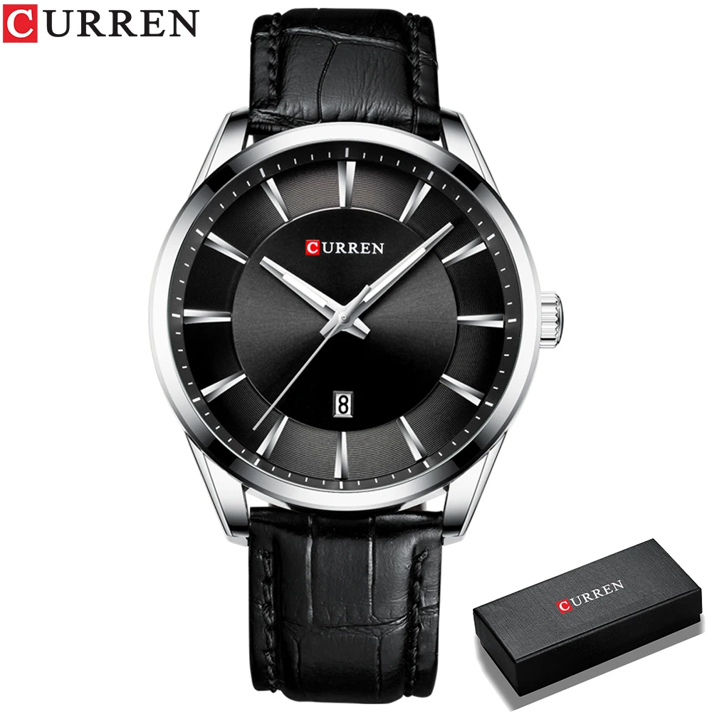 CURREN Men's Business Watch Black Leather Strap with Auto Date Slim Lightweight Quartz Wristwatch