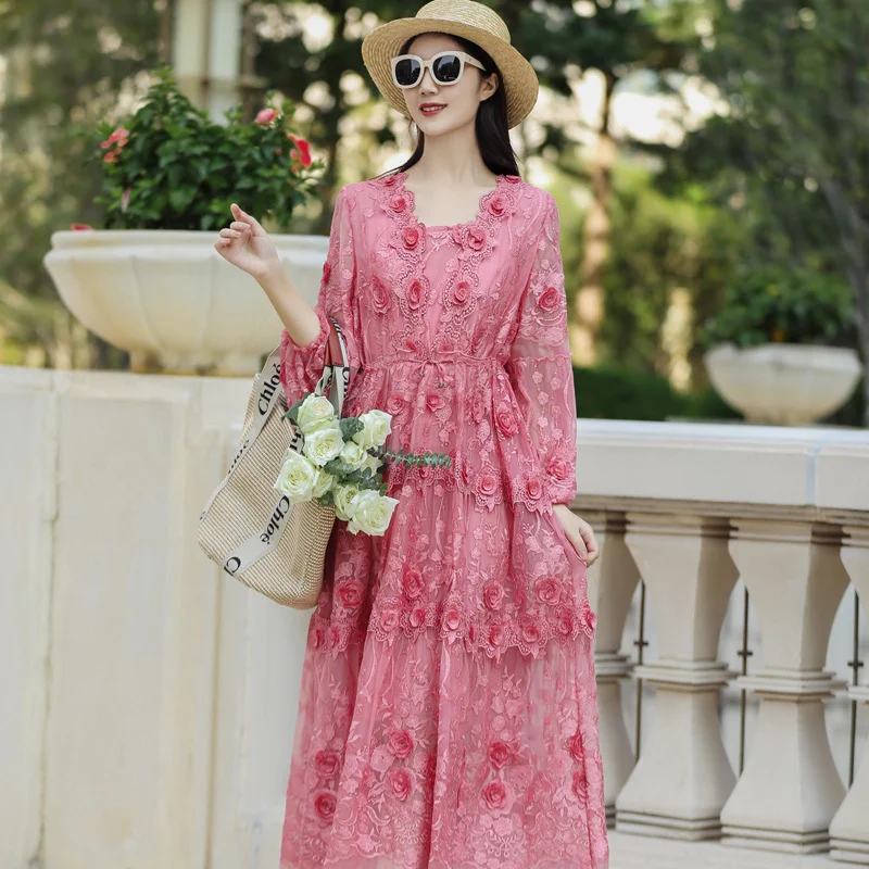 Spring New High-End V-Neck Female Coffee Pink Silk Three-Dimensional Embroidery Waist Adjustable Elegant Long Dress One Size