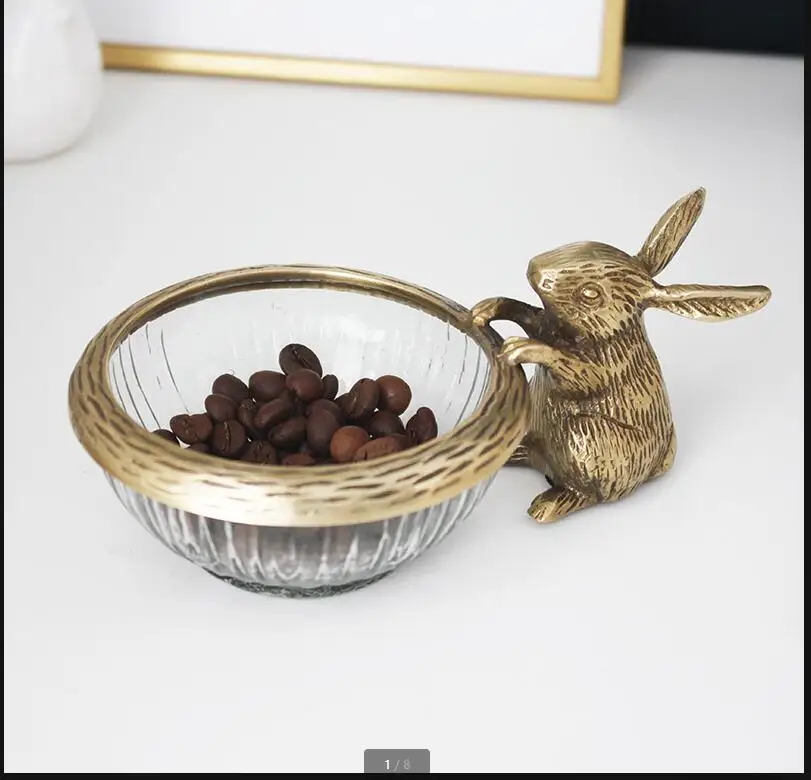 

Brass Glass Bowl Rabbit Decorative Fruit Plate Salad Bowls Snack Tray Dessert Dried Storage