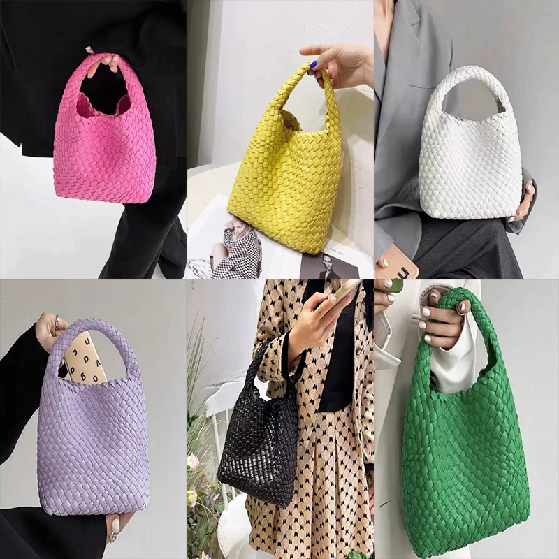 2023 Summer Leather Woven Tote Bag Brand Design Women Handbags Luxury Soft Pu Leather Tote Bag Pink Green Shopper Purses