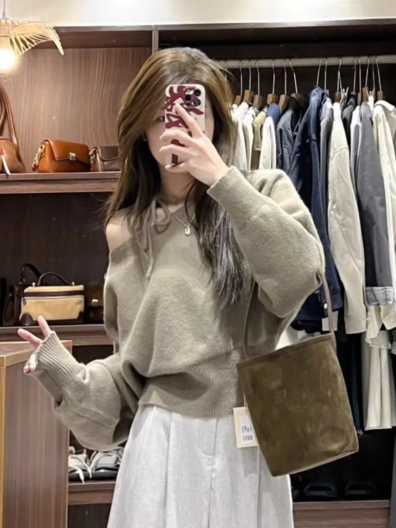 جميلة oulder Bared محبوك قاعدة irt المرأة الخريف الشتاء ملابس داخلية سترة يمكن لباس خارجي علوي الكورية Sle فضفاض صالح