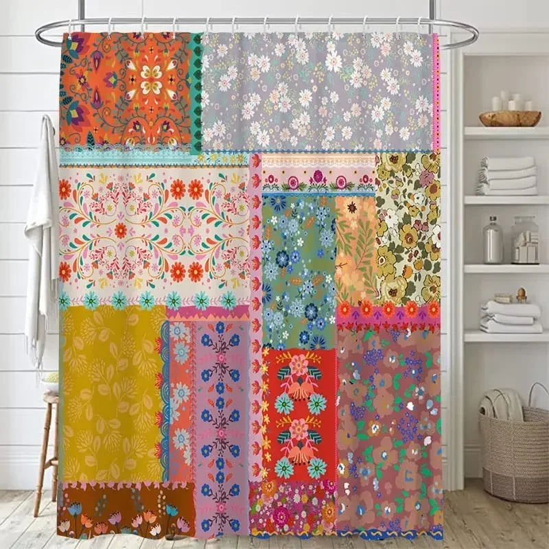 Bohemian Patchwork Print Shower Curtains for Bathroom Colorful Floral Vintage Shower Curtain Bathtubs Waterproof Fabric Screen