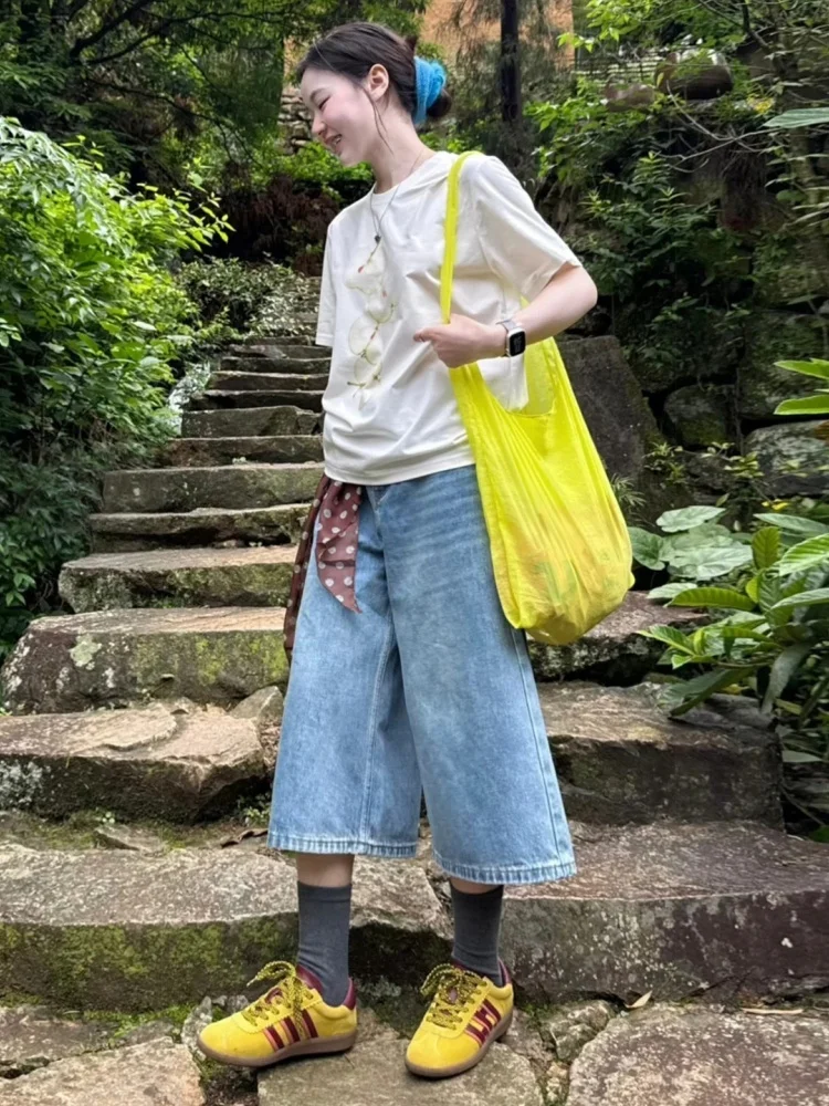 

Light Wash Wide Leg Seven-Foot Denim Jeans Women Summer Thin High Waist Loose plus Size Over-Knee Straight Casual Jeans