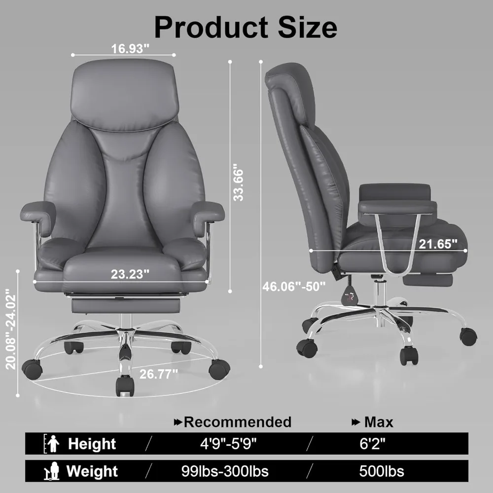 Ergonomic High Back Leather Office Chair for Big and Tall, Executive Desk Computer Chair with Footrest and Padded Arms