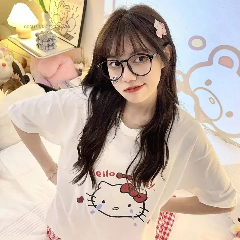 Sanrio Hello Kitty Cartoon Print Women Pajamas Sets Summer Home Female Sleepwear Suit Y2k Sweet Fashion Dormitory Two Piece Sets