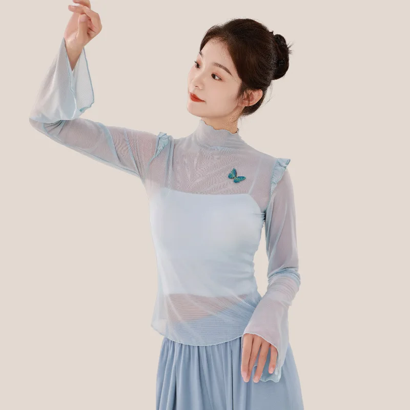 

Women Classical Dance Training Clothes Adult Female Top Chinese Style Bell Tops Sleeves 3D Butterfly Decoration Modern Dancewear