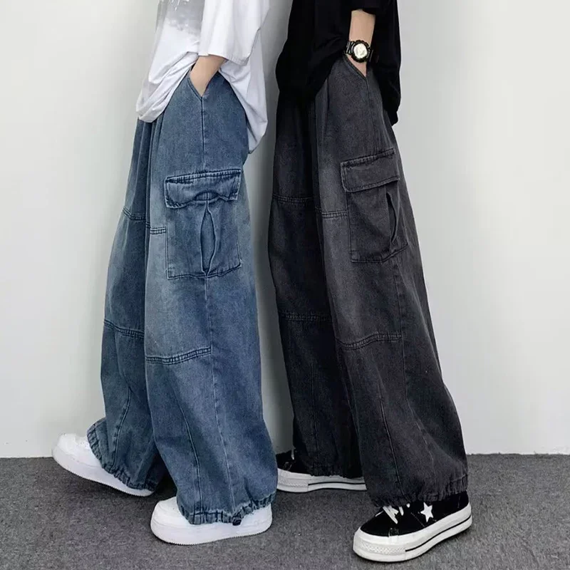 Mężczyźni New Street Vintage Jeans Męskie kombinezony z szerokimi nogawkami i dużymi kieszeniami Y2K Neutralne luźne proste nogawki Casual High Street Hip Hop Pants