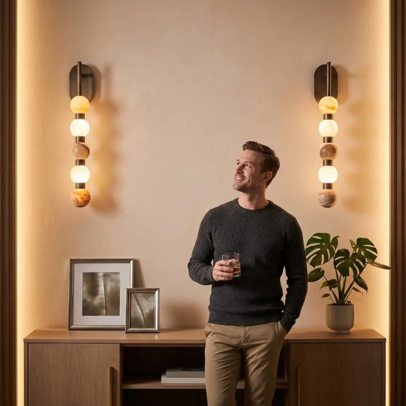 Natural alabaster wall lamp, multi-spherical metal wall lamp