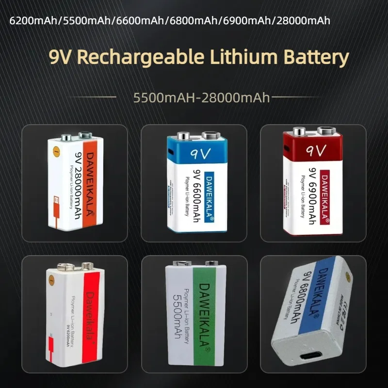 28000mAh 6900mAh 9V Rechargeable Lithium Battery USB Charging for Microphone/Smoke Detector/Guitar Pedal/Radio Long-Lasting