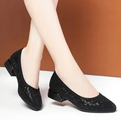 2024 New Summer Fashion Pumps Cut-outs Rhinestones Shoes Women Crystal Casual Round Head Thick Heel Soft Leather Sandals Simple