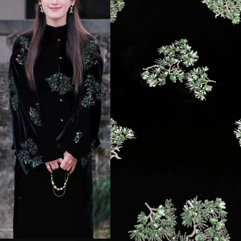 Embroidered Green Pine Needle Silver Pine Flower Velvet Fabric Breathable Qipao Coat Half Skirt Garment Making Sewing Fabric