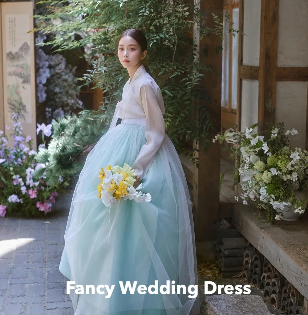 Vestido de noiva azul claro com decote em V, Sessão Fotográfica Coreana, Vestido de Noiva de Organza Linha, Manga Comprida, Comprimento do Chão, Vestido Formal