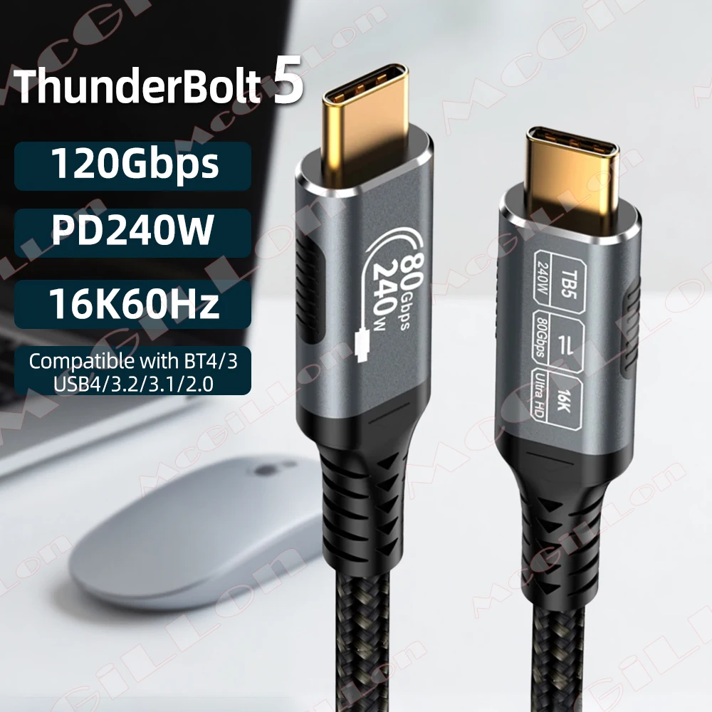 16K 120Gbps Type C Cable 80Gbps 240W For Thunderbolt 5 Full-Featured Fast Charging Cable Thunderbolt4/3 USB C to C Data Transfer