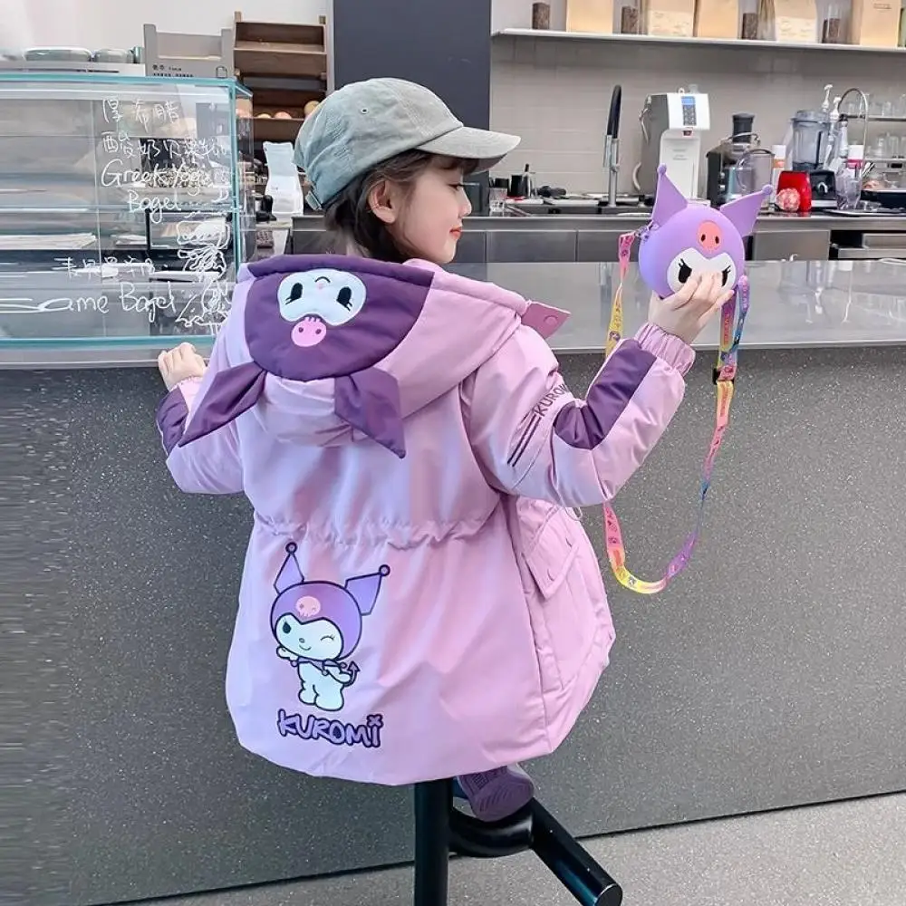 Kawaii Winter Kuromi Kid Long-Style Down Jackets Anime Sanrio Purple Jacket Girl Cute Thicken Plush Hooded Warm Student Jacket