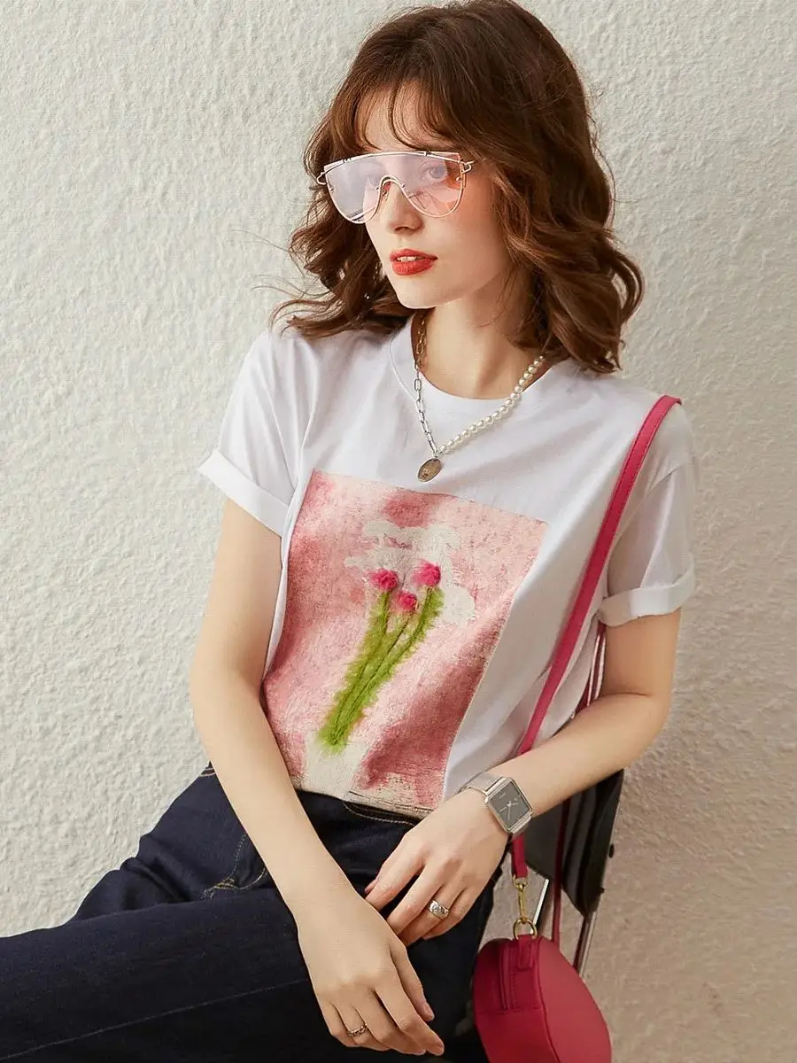 LOUIS YAO Women T-shirt Round Neck Short Sleeve 2024 Summer New Loose Fit Fashionable 3D Print Flower Casual Basic Tops