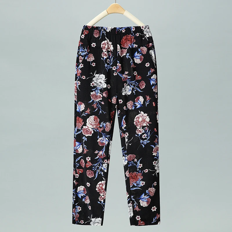 High Waist Floral Pants Summer Thin Nine Points Ice Silk Loose Straight Leg Trousers for Mom And Grandma Comfortable Casual P...