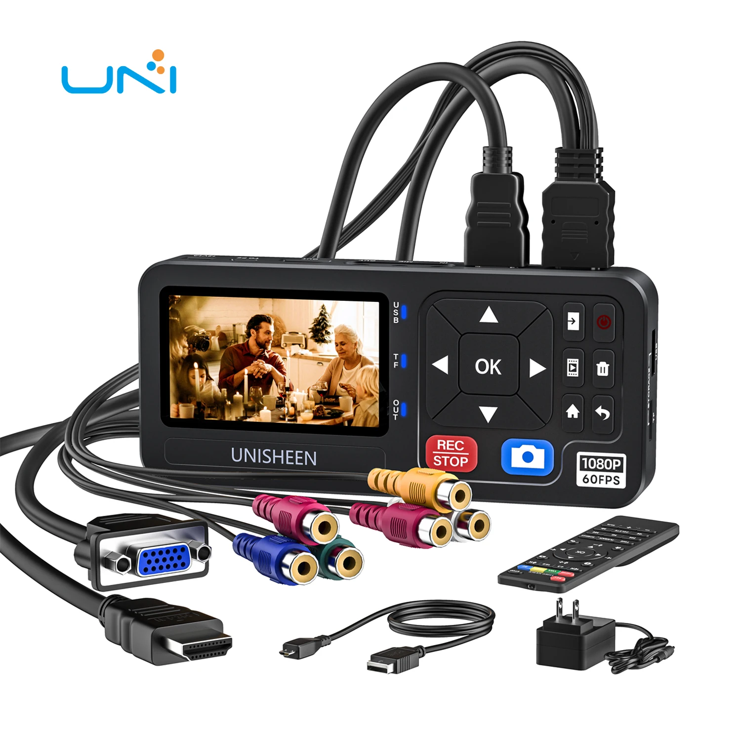 UNISHEEN HD Video Capture Box 1080P Digital Converter with 3' Screen 4K HDMI CVBS VGA YPBPR Inputs Portable Video Recorder