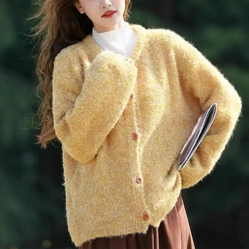 Cárdigan amarillo, suéter para niña, Otoño Invierno, prendas de punto suaves y pegajosas, abrigo bonito y perezoso, Tops, ropa de moda para mujer al por mayor