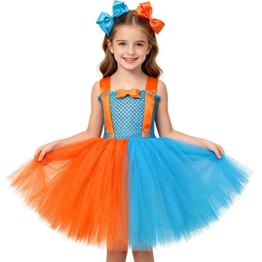 

Blue & Orange Suspenders Bow Tie Tutu Dress Girls English Teacher Engineer Costume Toddler Kids Halloween School Party Dress Up