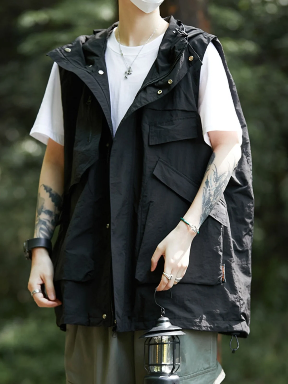 

Spring Autumn Outdoor Sports Men's Fce Vest Casual Loose Fit Workwear Hooded oulder Pad Jaet Breathable Polyester