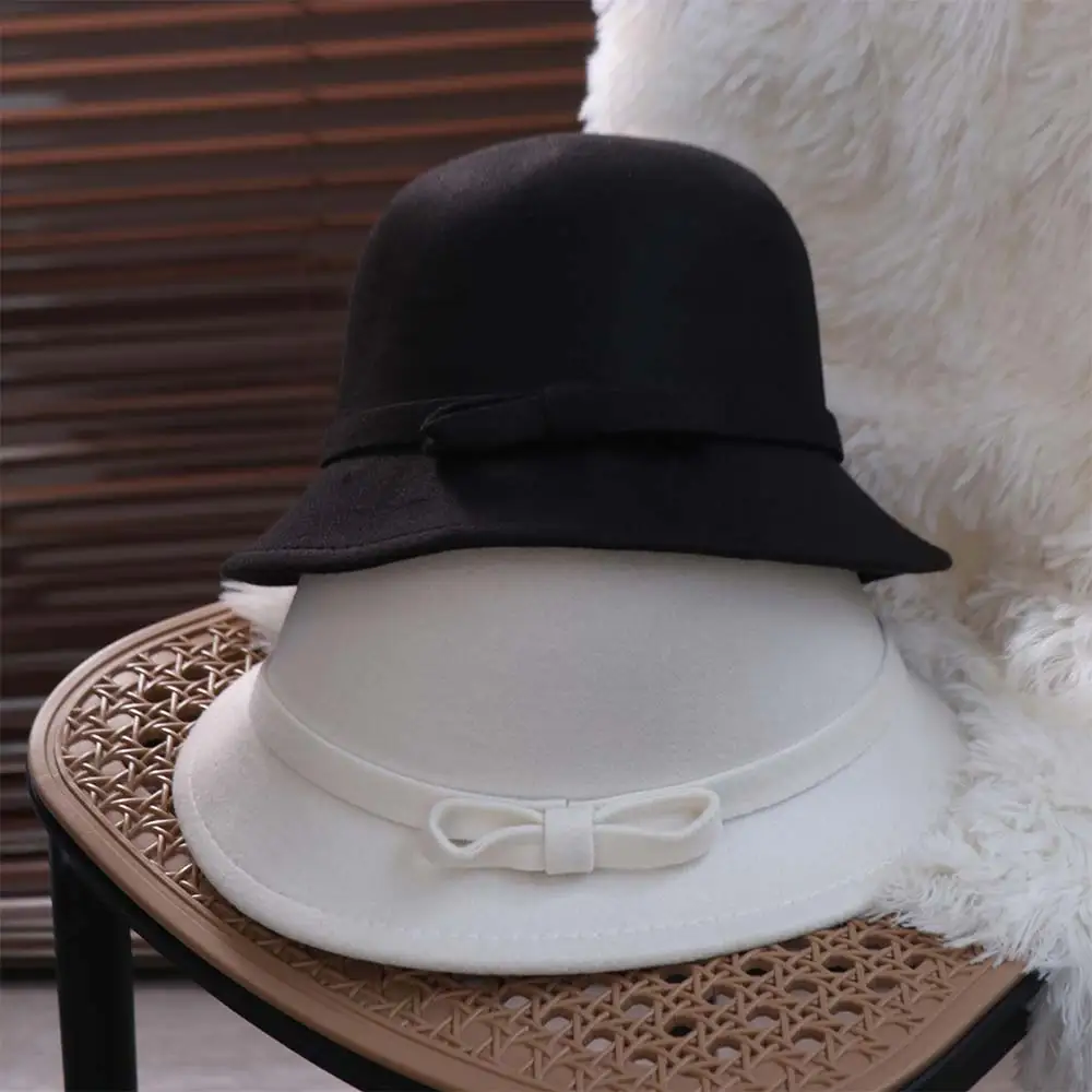 

Fashion French Style Bow Tweed Hat Solid Color Hepburn Women's Bow Hat Autumn Winter Bucket Cap Felt Bowler Hat Famale