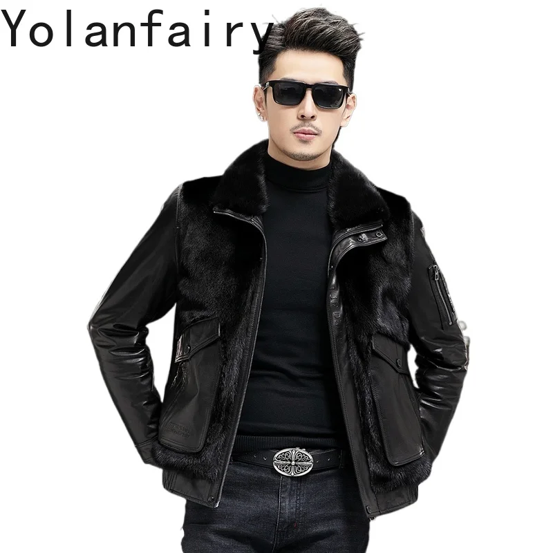 YOLANFAIRY 2025 Real Goatskin Spliced Mink Fur Coat Man Warm Winter Short High-end Genuine Leather Jacket Men Outwears Chaquetas