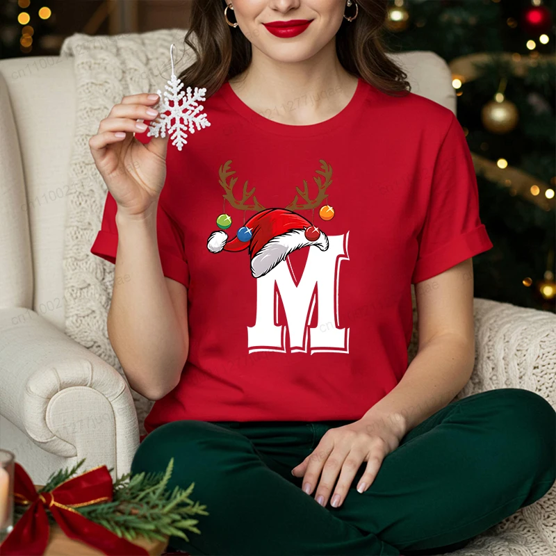 Christmas Letter A~Z Family Matching Tshirt Santa Hat Design Oversized Tee Christmas Xmas Party Family Couple Shirts Streetwear